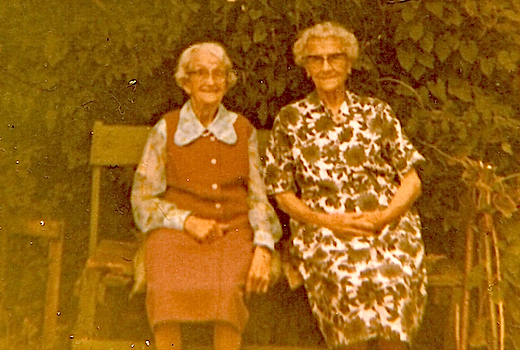 Nellie Mussett (née Barber) with her sister Louisa Pope (née Barber, formerly Hopkin) circa 1970.