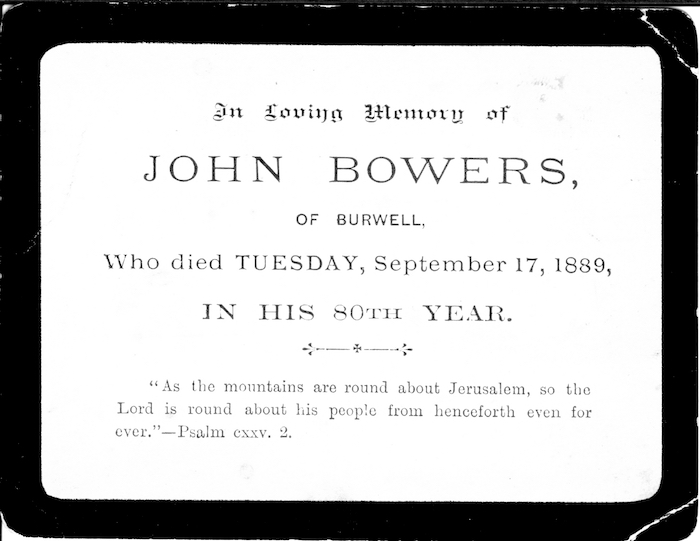 John Bowers of Burwell death card, 1889